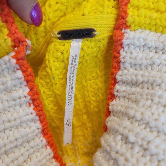 Free People Yellow White Orange Heavy Knit Winter Warm Sweater XL - Picture 4 of 6